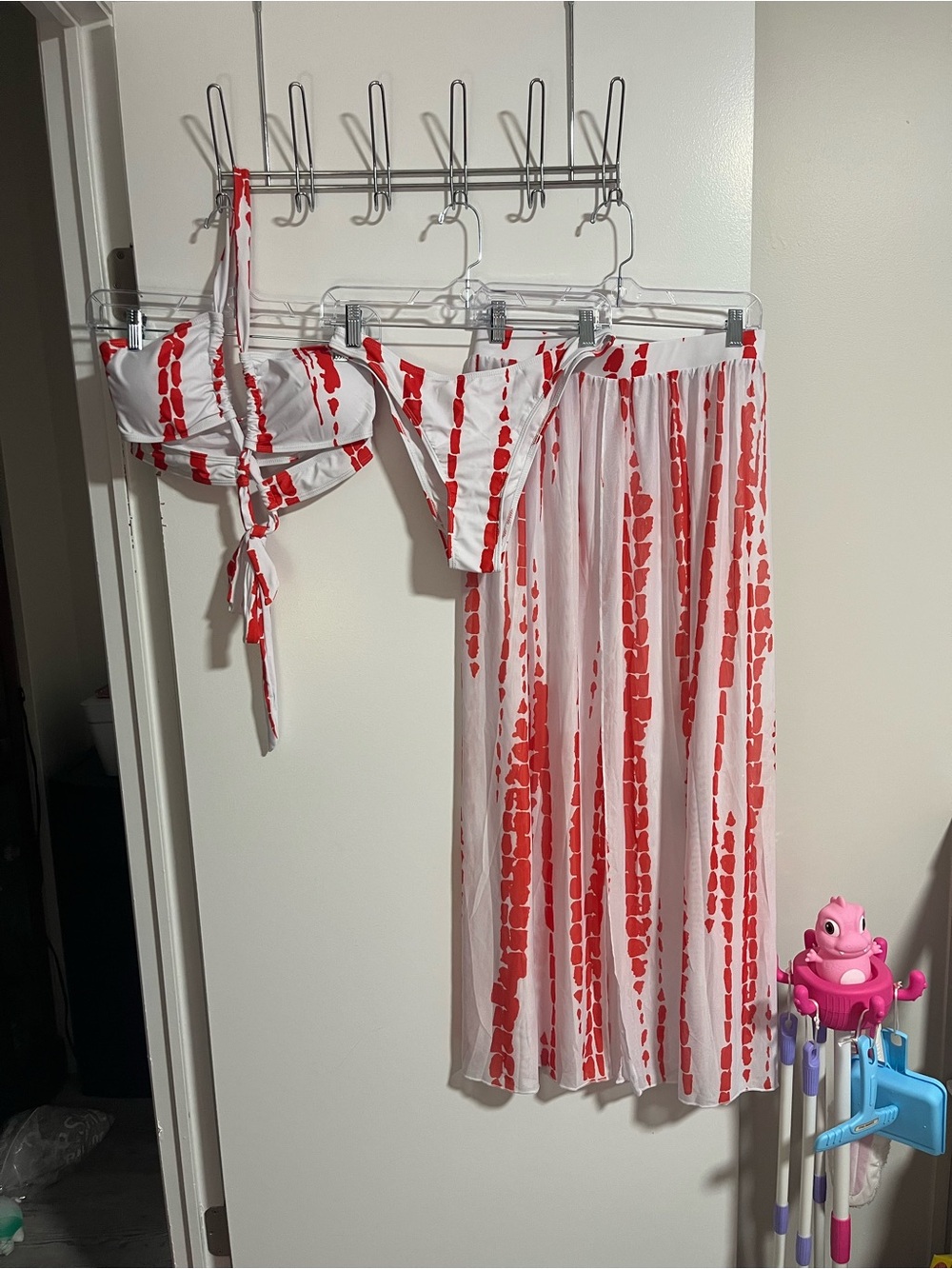 White & Red Striped Bikini Set with Matching Cover-Up